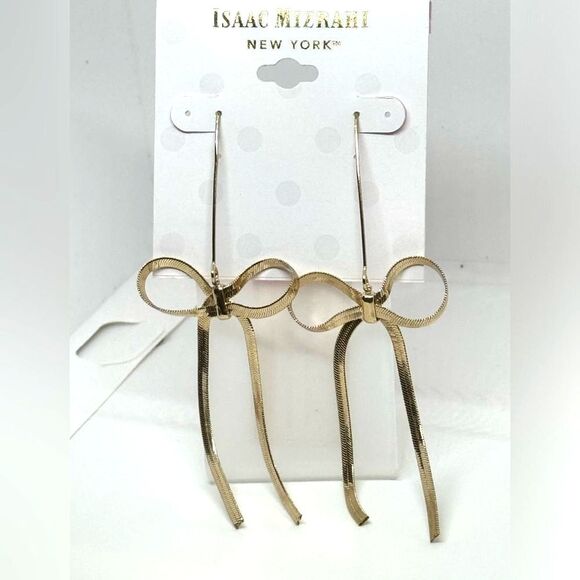ISAAC MIZRAHI Gold Tone Dangling Bow Hook Earrings - Picture 3 of 7